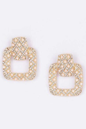 Rectangle Link Dangle Earrings – Faux Pearl & Rhinestone
