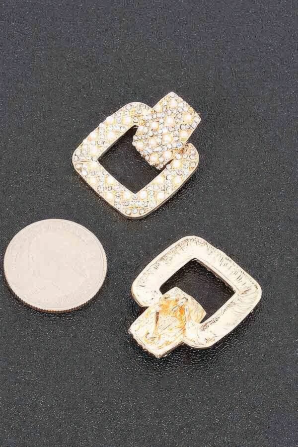 Rectangle Link Dangle Earrings – Faux Pearl & Rhinestone
