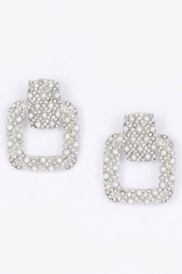 Rectangle Link Dangle Earrings – Faux Pearl & Rhinestone