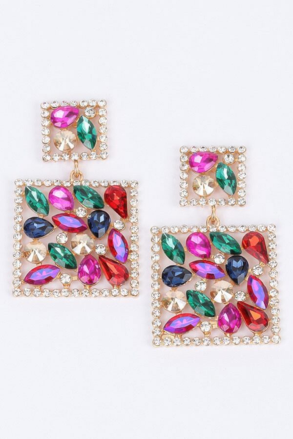 Square Dangle Rhinestone Earrings – Geometric Sparkle