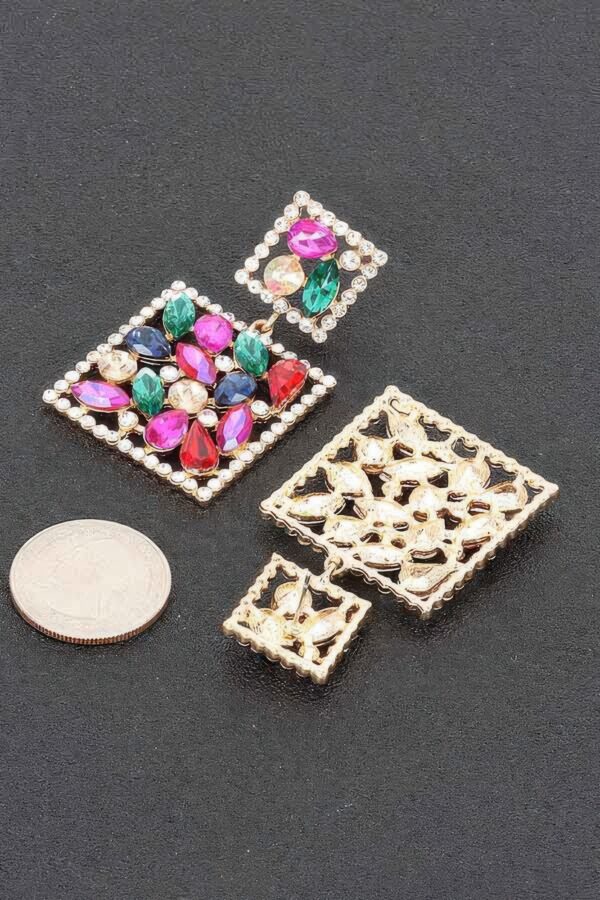 Square Dangle Rhinestone Earrings – Geometric Sparkle
