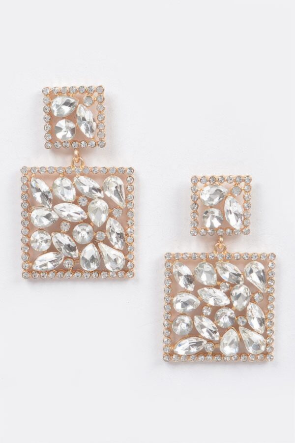 Square Dangle Rhinestone Earrings – Geometric Sparkle