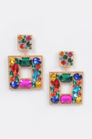 Double Square Rhinestone Drop Earrings – Multicolor