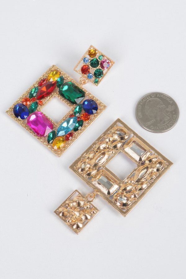 Double Square Rhinestone Drop Earrings – Multicolor