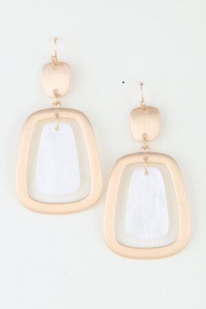 Stone Frame Drop Earrings – Geometric Metal with White Stone
