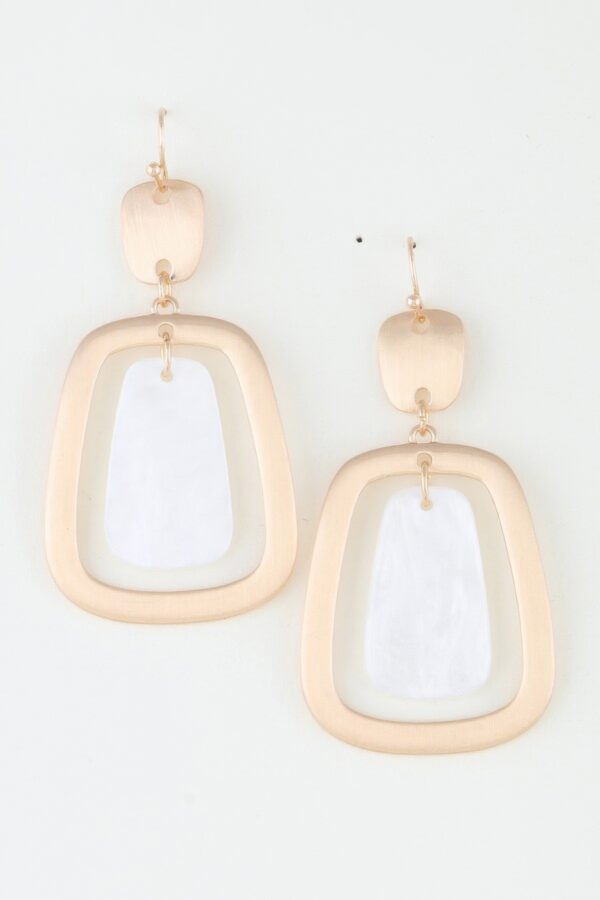 Stone Frame Drop Earrings – Geometric Metal with White Stone