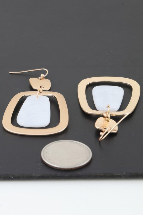 Stone Frame Drop Earrings – Geometric Metal with White Stone
