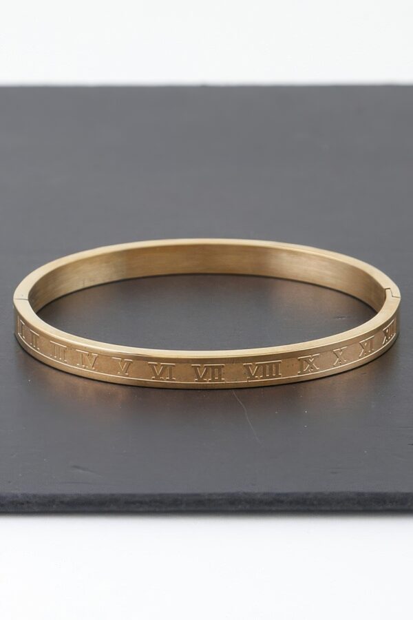Roman Numeral Bracelet – Engraved Metal Bangle in Gold or Silver