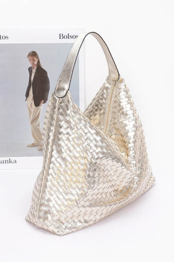 Metallic Braided Tote – Polyurethane Shimmer (Gold/Silver/Black)