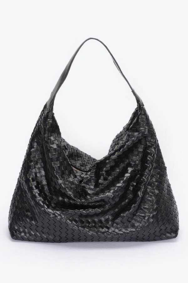 Metallic Braided Tote – Polyurethane Shimmer (Gold/Silver/Black)