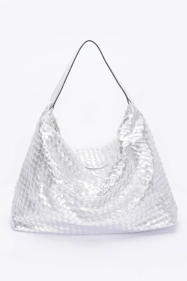 Metallic Braided Tote – Polyurethane Shimmer (Gold/Silver/Black)