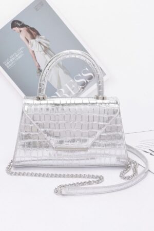 Crocodile-Embossed Metallic Top Handle Bag – Silver