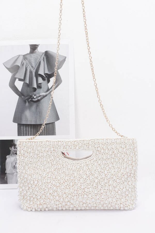 Handmade Faux Pearl Clutch with Mixed Metal Accents – Cream