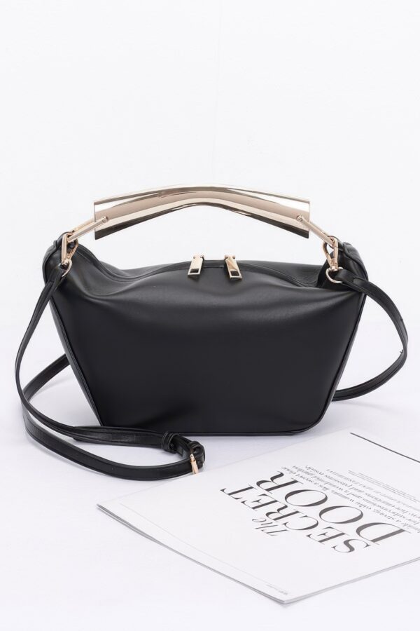 Faux Leather Metal-Handle Top Bag – Black/Camel