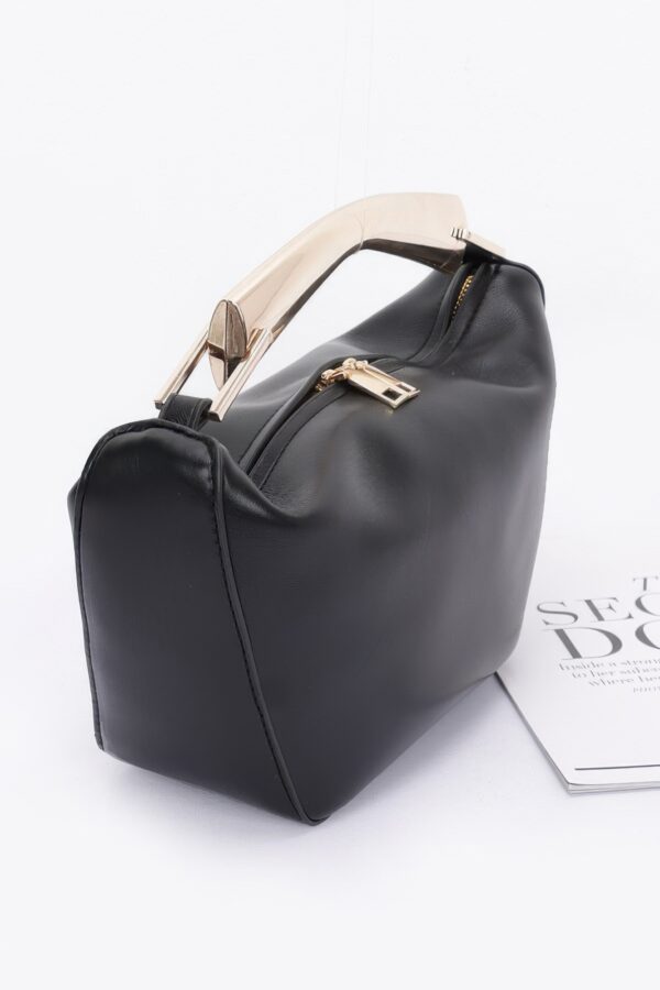 Faux Leather Metal-Handle Top Bag – Black/Camel