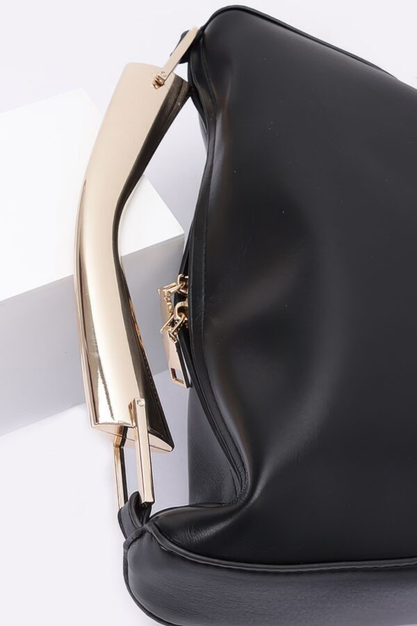 Faux Leather Metal-Handle Top Bag – Black/Camel