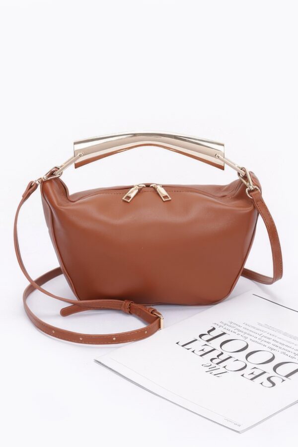 Faux Leather Metal-Handle Top Bag – Black/Camel