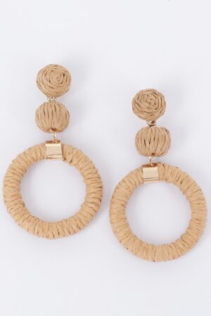 Round Faux Straw Earrings – Boho Textured Drops