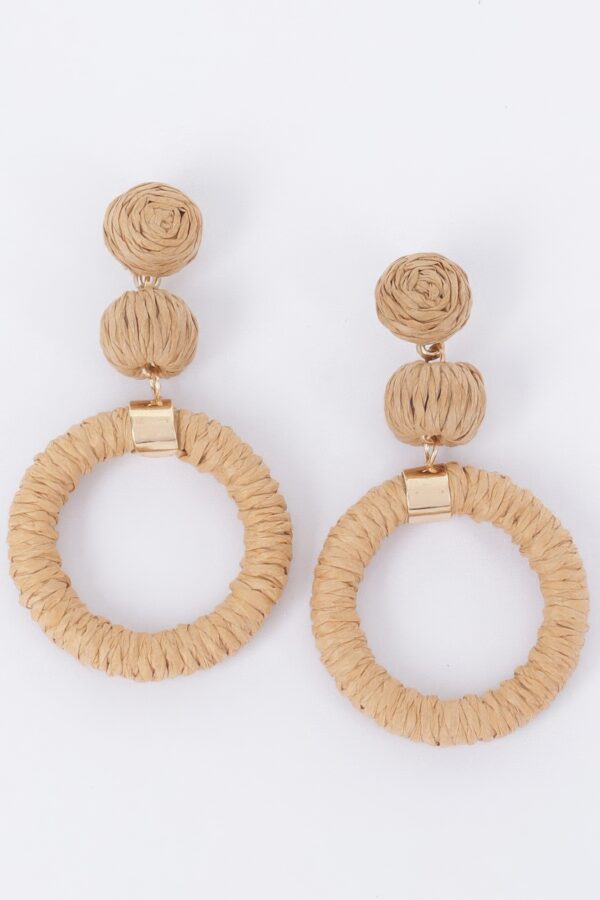 Round Faux Straw Earrings – Boho Textured Drops