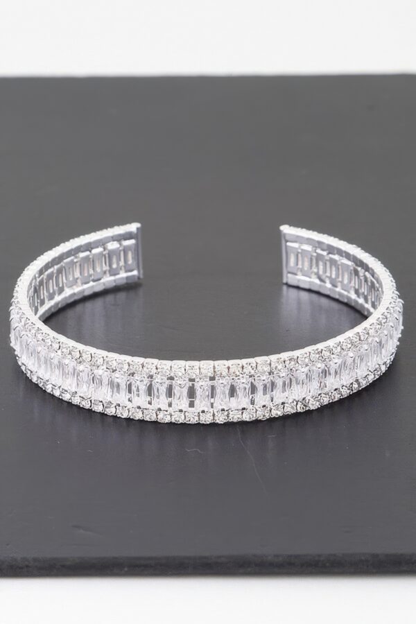Wide Cubic Zirconia Silver-Plated Cuff Bracelet