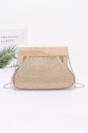 Faux Straw Clutch with Wood Frame – Ivory, Khaki