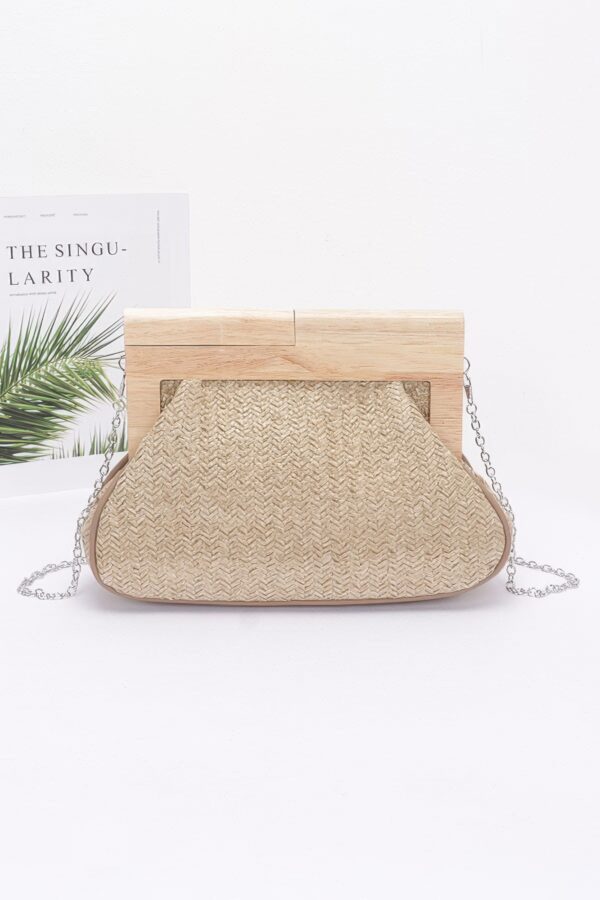 Faux Straw Clutch with Wood Frame – Ivory, Khaki