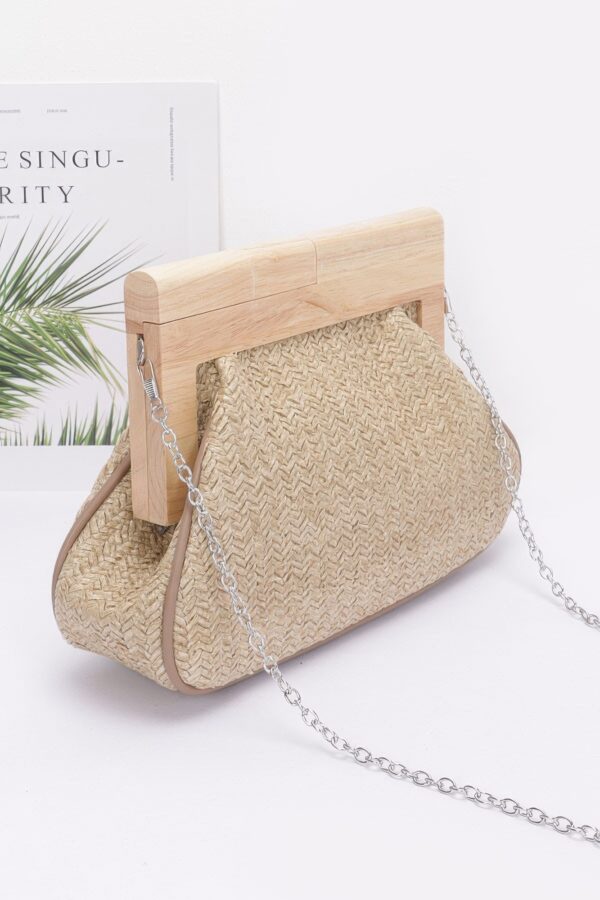 Faux Straw Clutch with Wood Frame – Ivory, Khaki