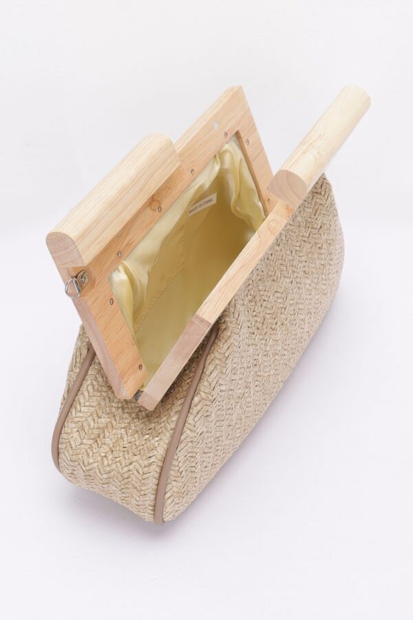 Faux Straw Clutch with Wood Frame – Ivory, Khaki