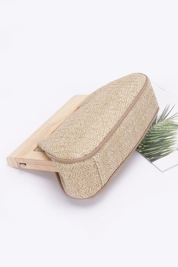 Faux Straw Clutch with Wood Frame – Ivory, Khaki