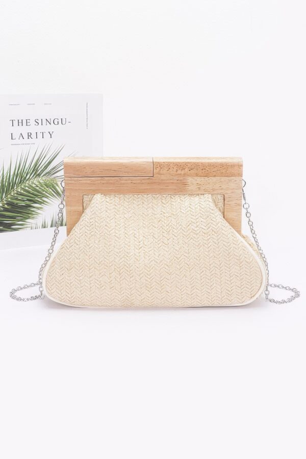 Faux Straw Clutch with Wood Frame – Ivory, Khaki