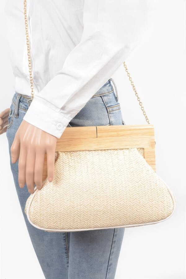 Faux Straw Clutch with Wood Frame – Ivory, Khaki