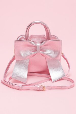 Metallic Bow Top Handle Clutch – Light Pink