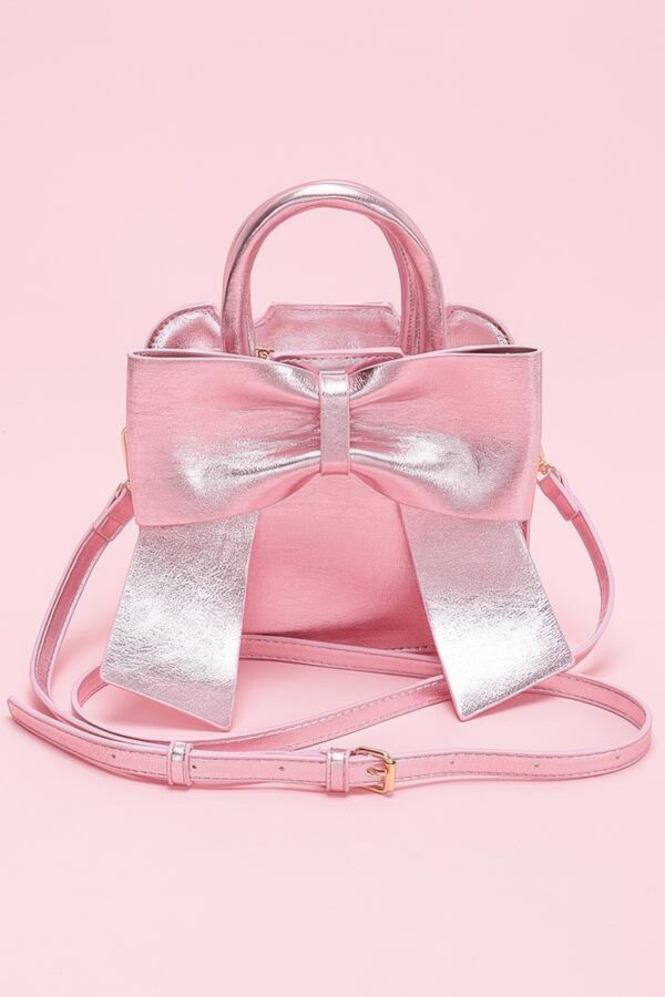 Metallic Bow Top Handle Clutch – Light Pink
