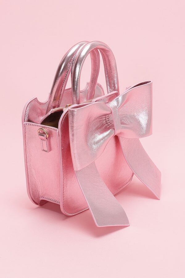 Metallic Bow Top Handle Clutch – Light Pink