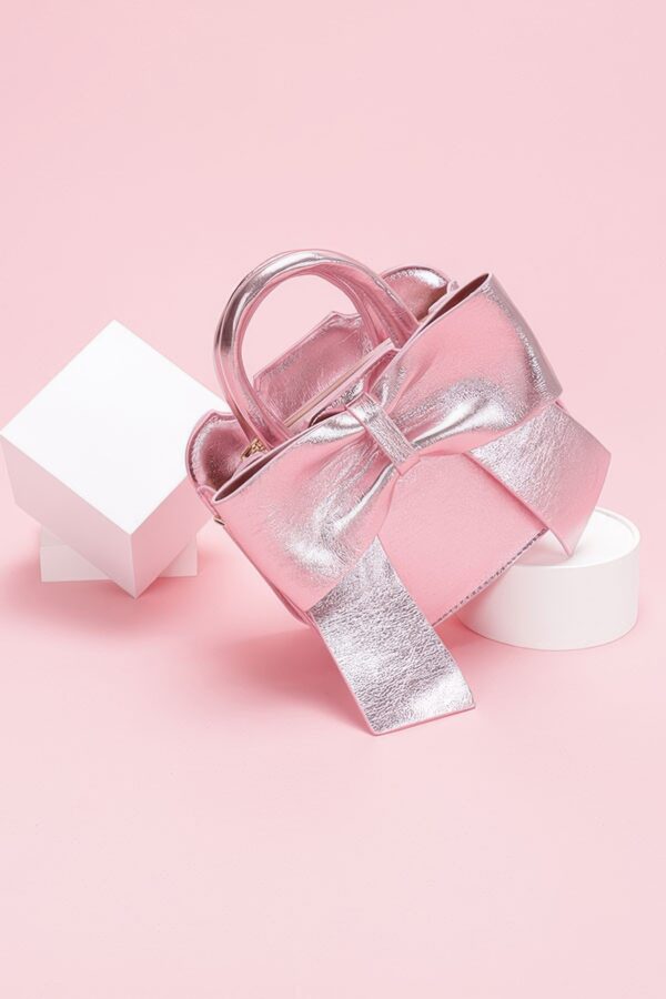 Metallic Bow Top Handle Clutch – Light Pink