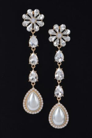 Pearl Rhinestone Drop Earrings – Gold Finish
