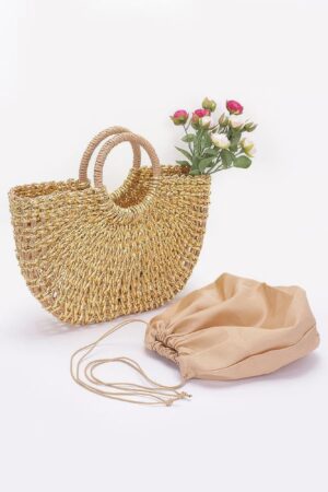 Metallic Faux Straw Tote with Pouch – Gold, Silver