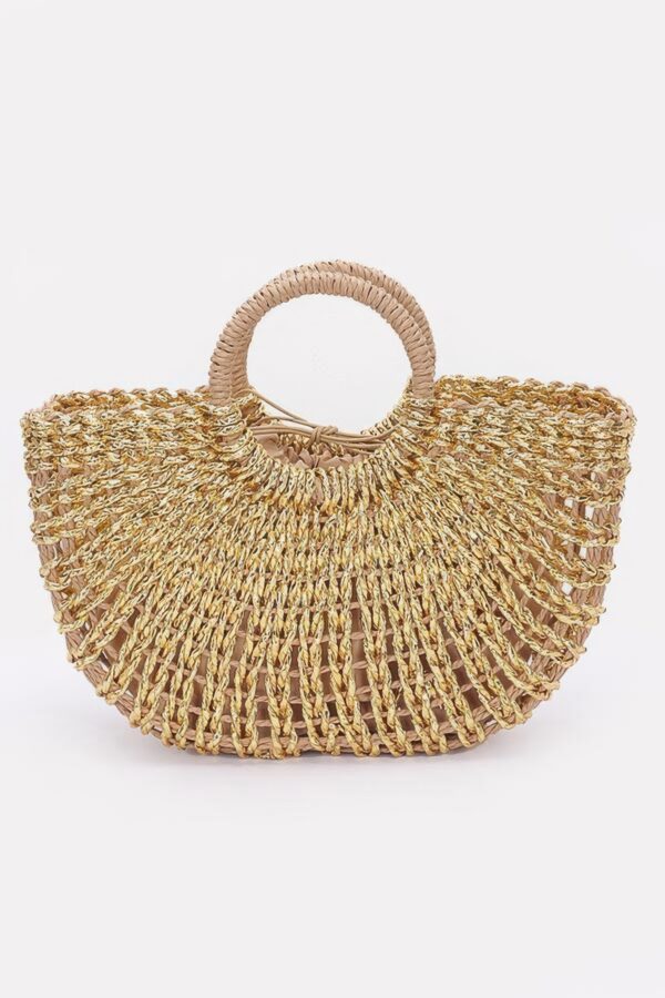 Metallic Faux Straw Tote with Pouch – Gold, Silver