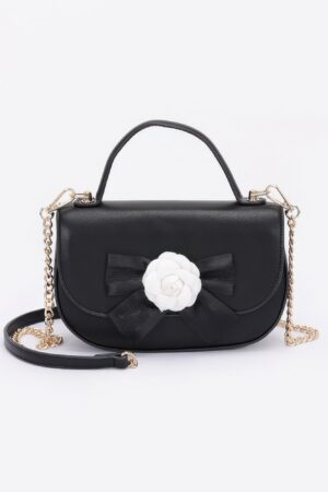 Faux Leather Top-Handle Flap Bag with Flower Ribbon