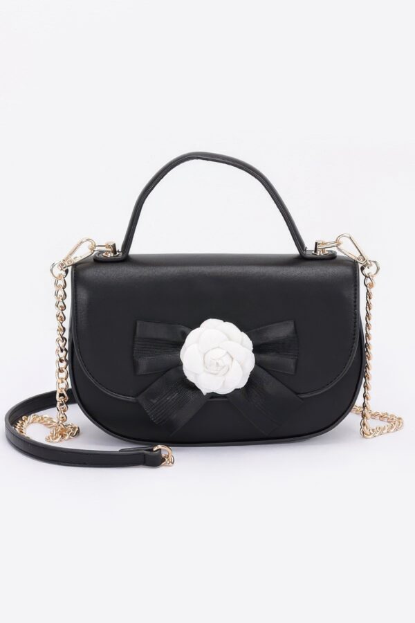 Faux Leather Top-Handle Flap Bag with Flower Ribbon