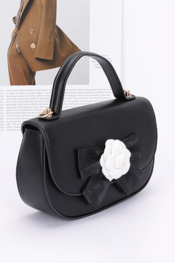 Faux Leather Top-Handle Flap Bag with Flower Ribbon