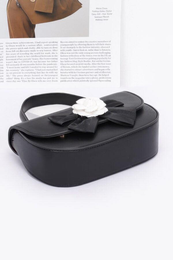 Faux Leather Top-Handle Flap Bag with Flower Ribbon