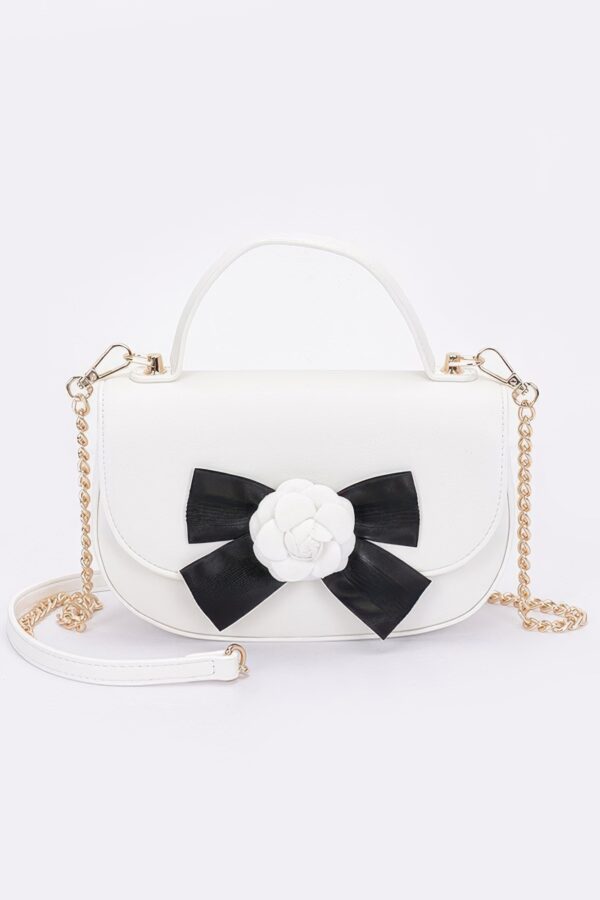 Faux Leather Top-Handle Flap Bag with Flower Ribbon