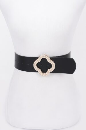 Metallic Stretch Belt with Pearl Buckle – Black