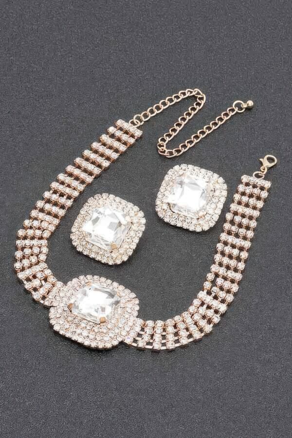Rhinestone Necklace Set – Delicate Collar, Gold-Clear & Silver-Clear