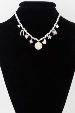 Beaded Necklace with Multi Shiny Charms – Gold Cream