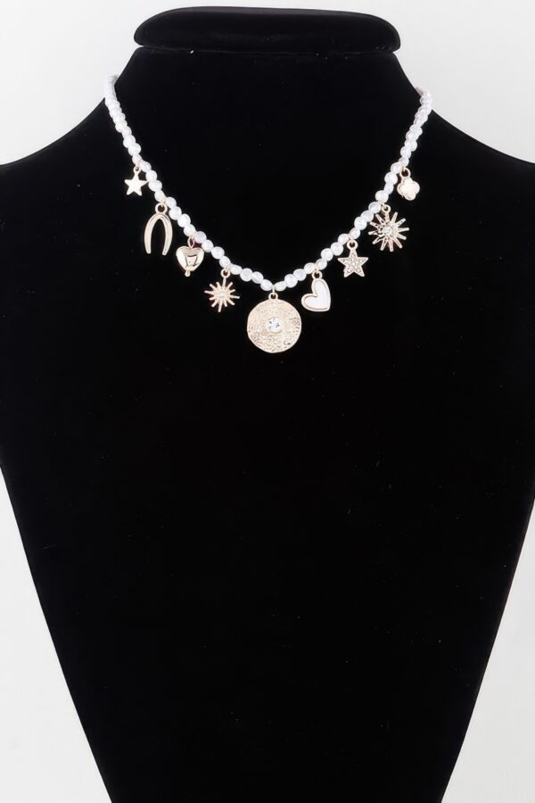 Beaded Necklace with Multi Shiny Charms – Gold Cream