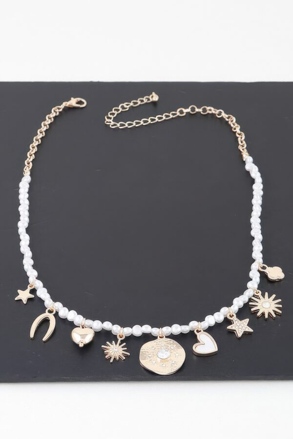 Beaded Necklace with Multi Shiny Charms – Gold Cream