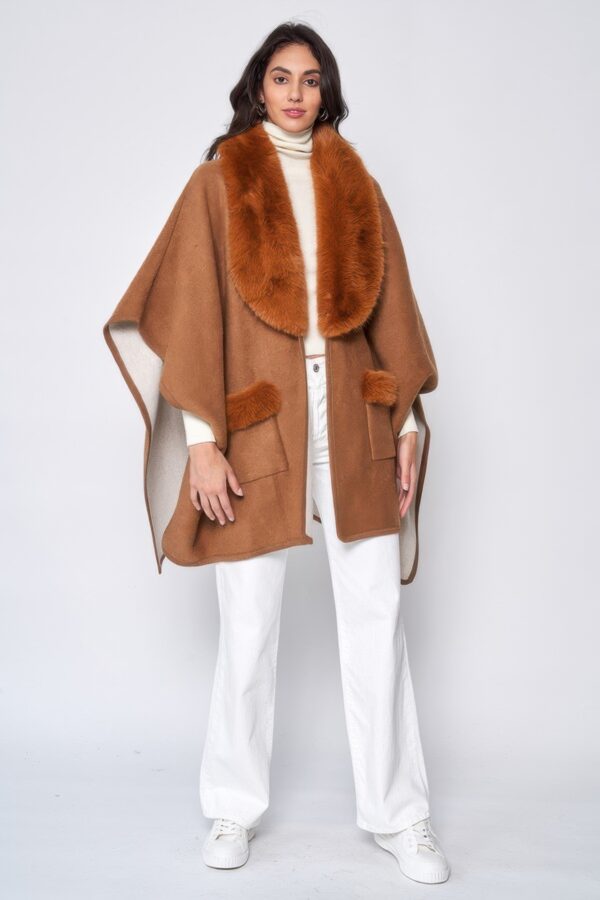 Faux Fur Collar Kimono – Plush Collar Wrap in Camel or Gray