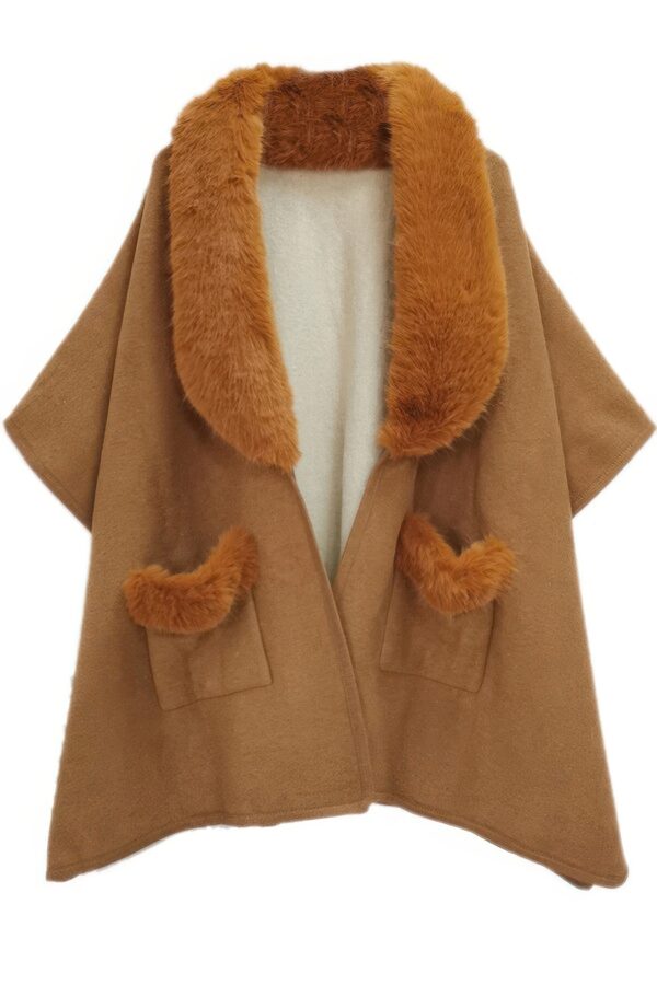Faux Fur Collar Kimono – Plush Collar Wrap in Camel or Gray